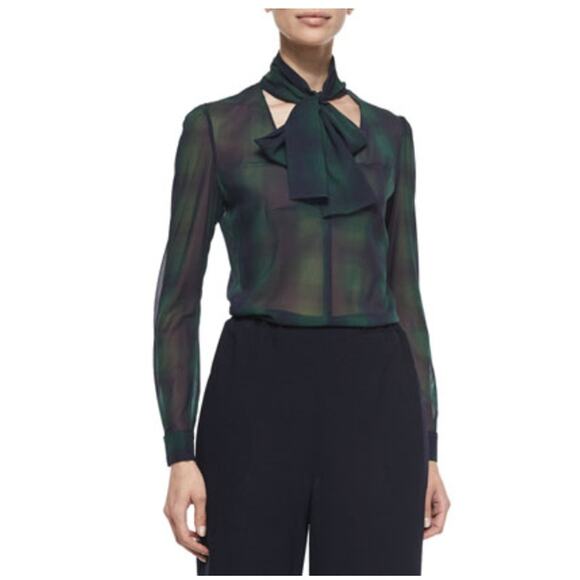 RED Valentino Tie-Neck Silk Plaid Crepe de Chine Shirt Womens Medium Plaid - Picture 1 of 11
